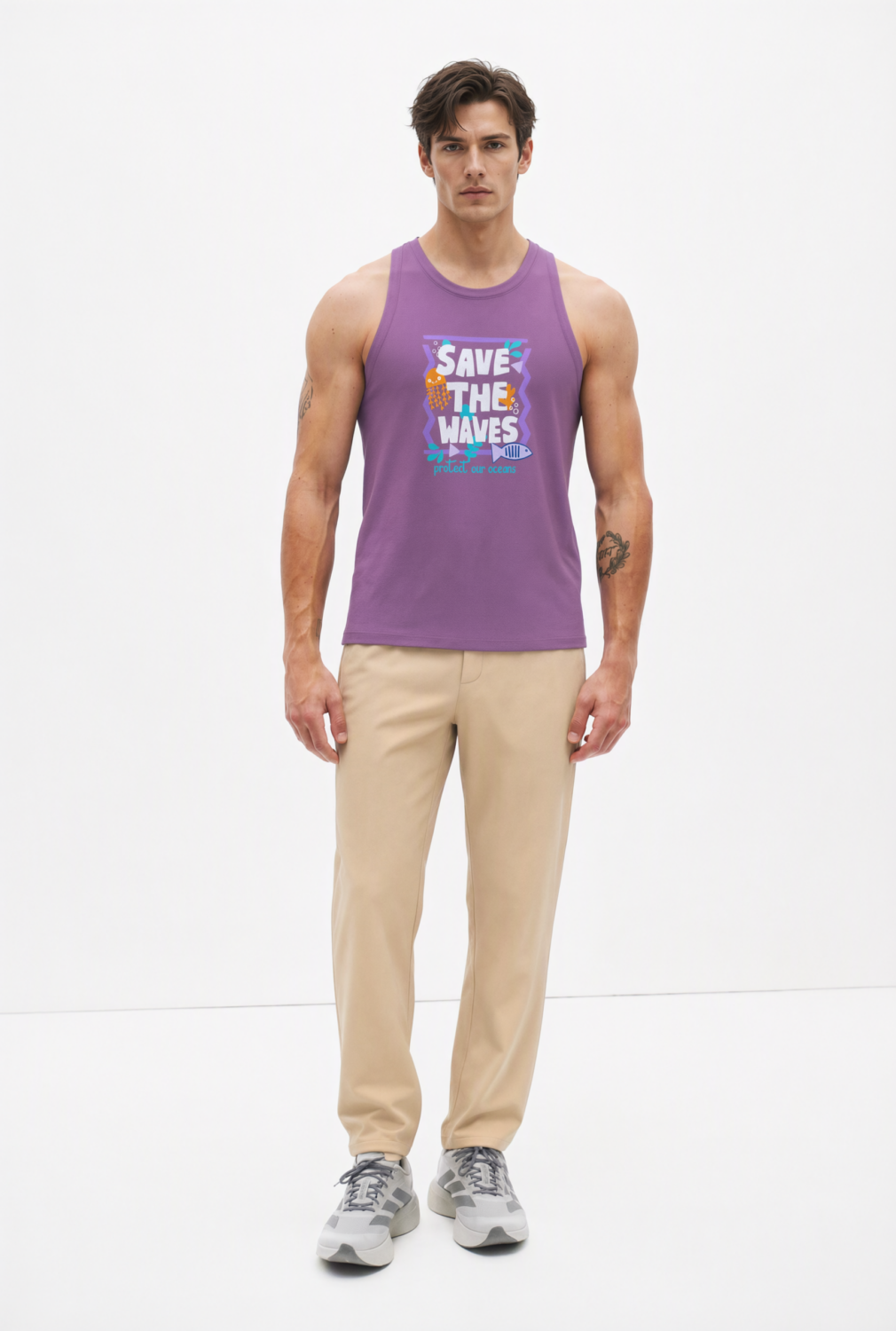 BC11977 front view — men's save the waves graphic tank in purple
