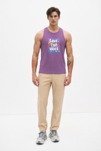 Bc11977 front view — men's save the waves graphic tank in purple