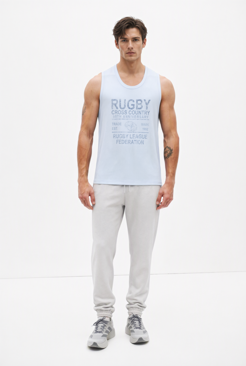 BC11984 front view — men's rugby typography tank top in ice blue