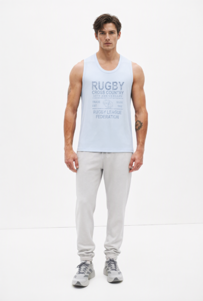 Bc11984 front view — men's rugby typography tank top in ice blue