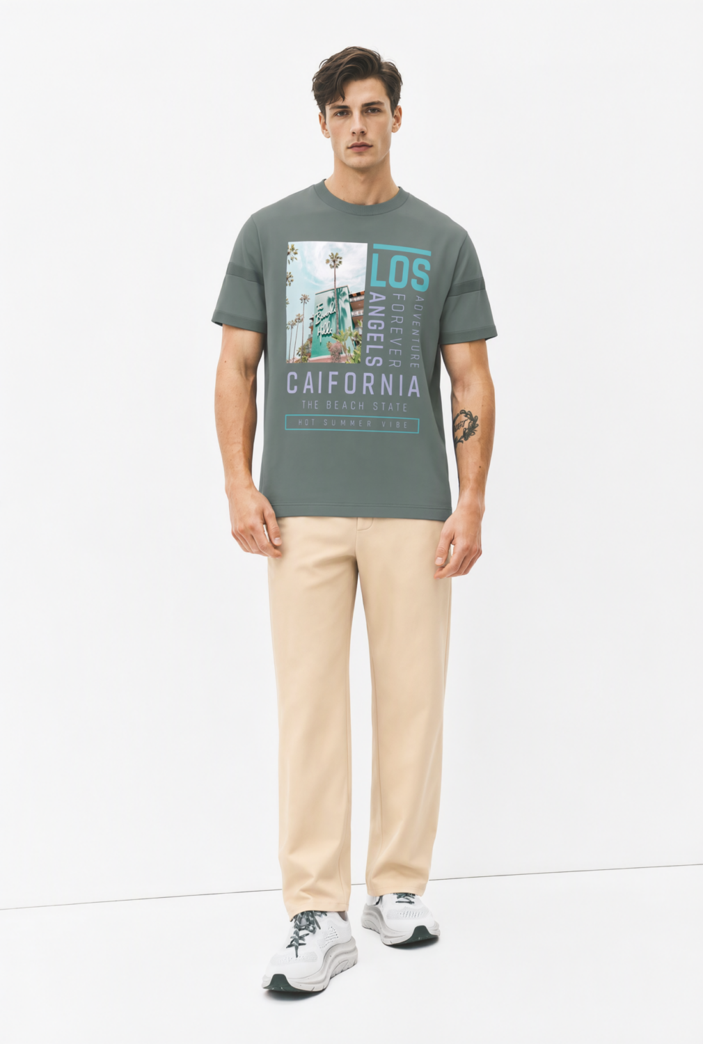 BC12170 front view — men's california city graphic t-shirt in sage gray