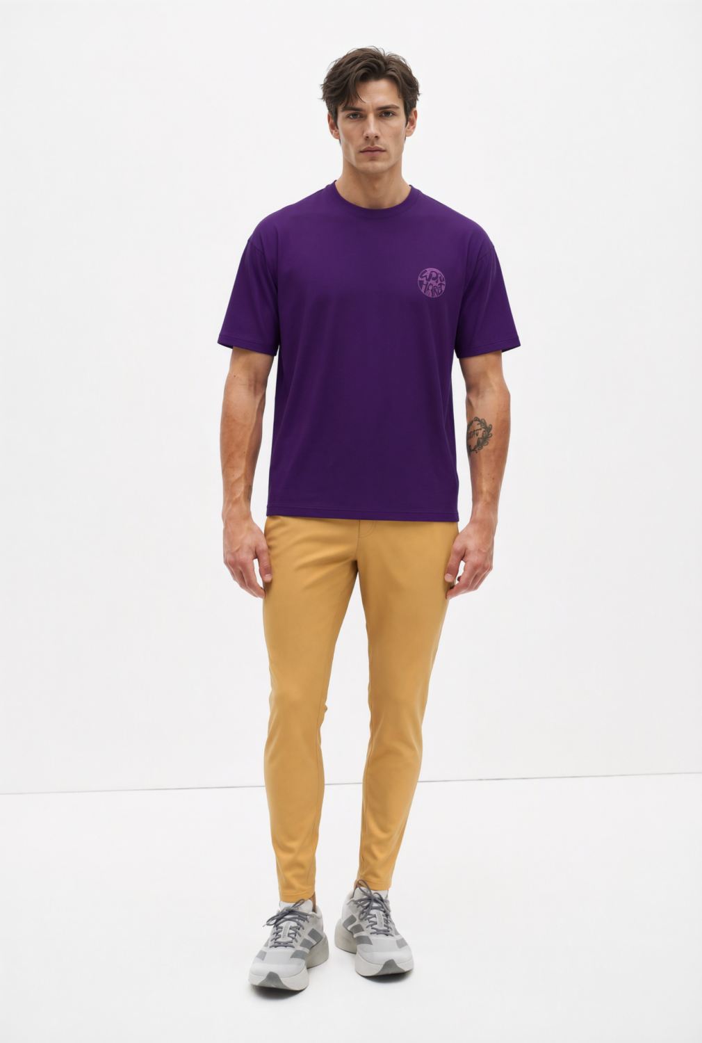 BC12479 front view — men's purple back-graphic t-shirt in deep purple