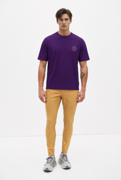 Bc12479 front view — men's purple back-graphic t-shirt in deep purple