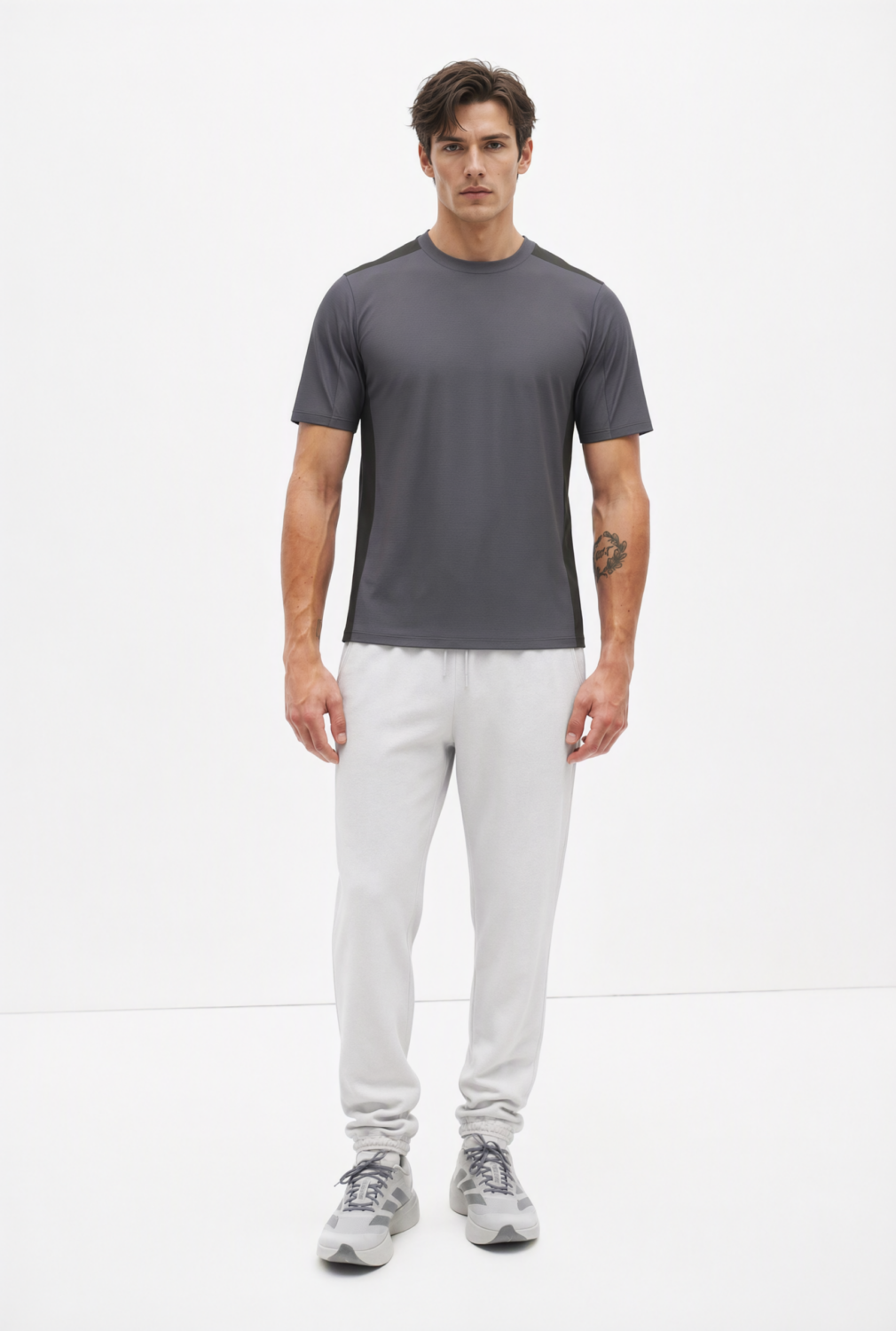 BC13583 front view — men's charcoal panelled t-shirt in charcoal / black