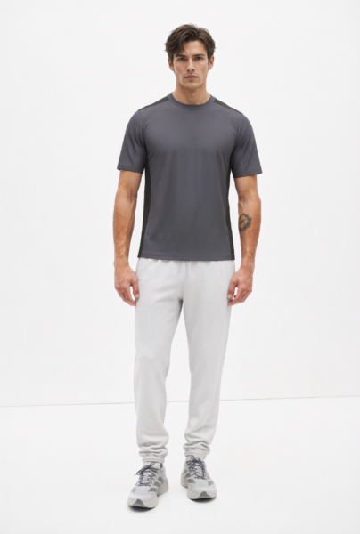 Bc13583 front view — men's charcoal panelled t-shirt in charcoal / black