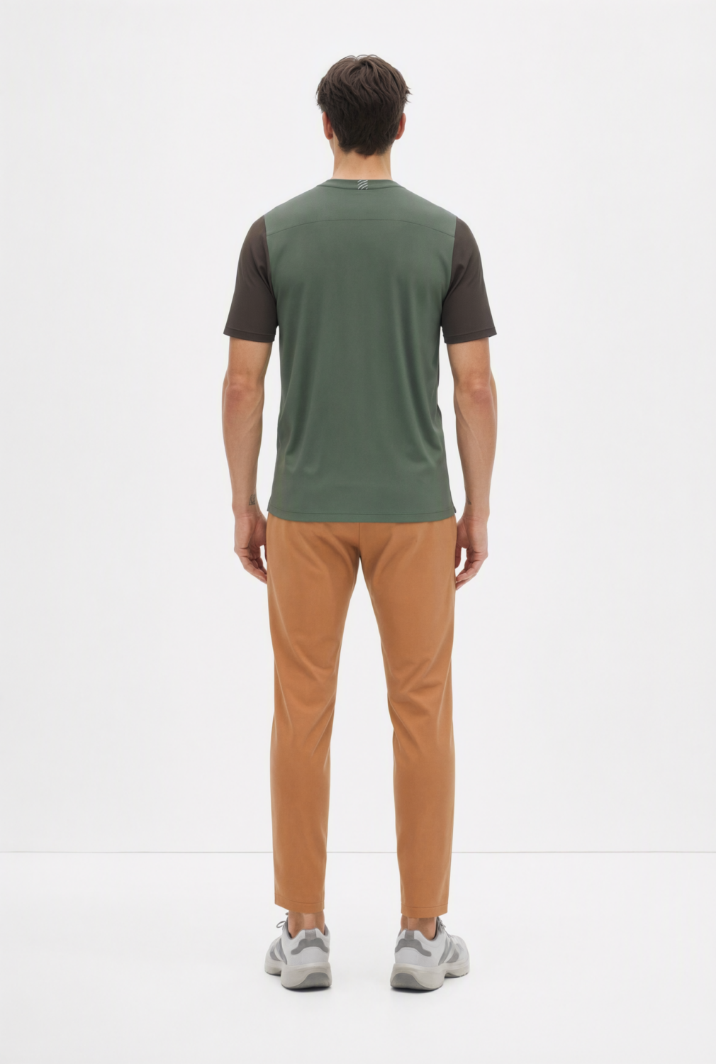 BC13615 back view — men's t-shirt in olive green / charcoal