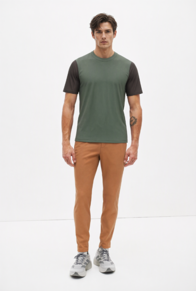 Bc13615 front view — men's olive contrast-sleeve t-shirt in olive green / charcoal