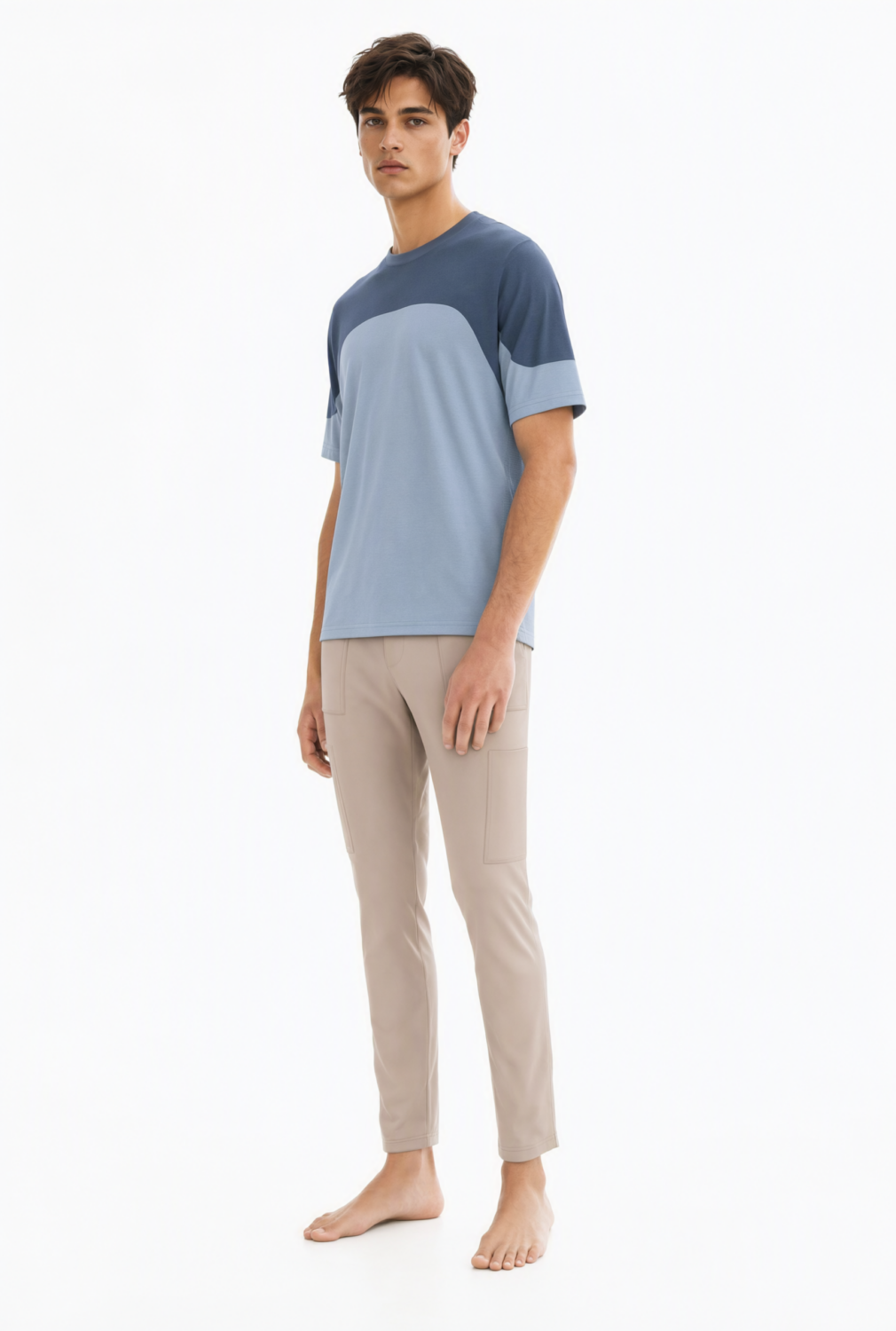 BC13897 front view — men's blue two-tone panel t-shirt in light blue / slate blue