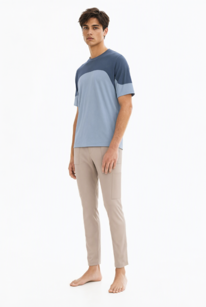 Bc13897 front view — men's blue two-tone panel t-shirt in light blue / slate blue