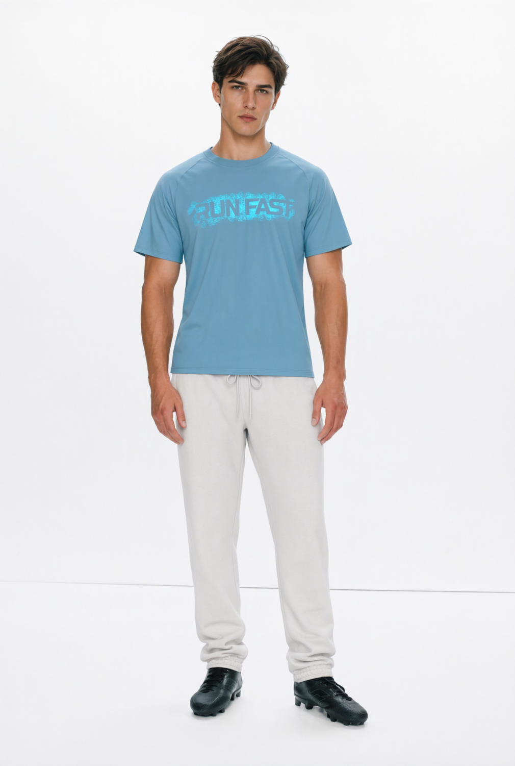 BC125599 front view — men's run fast graphic t-shirt in dusty blue