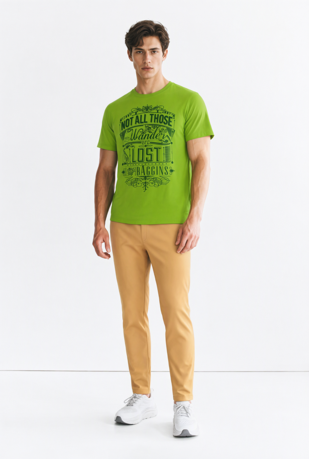 BC10856 front view — men's adventure typography t-shirt in lime green
