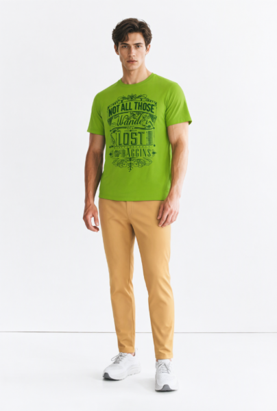 Bc10856 front view — men's adventure typography t-shirt in lime green