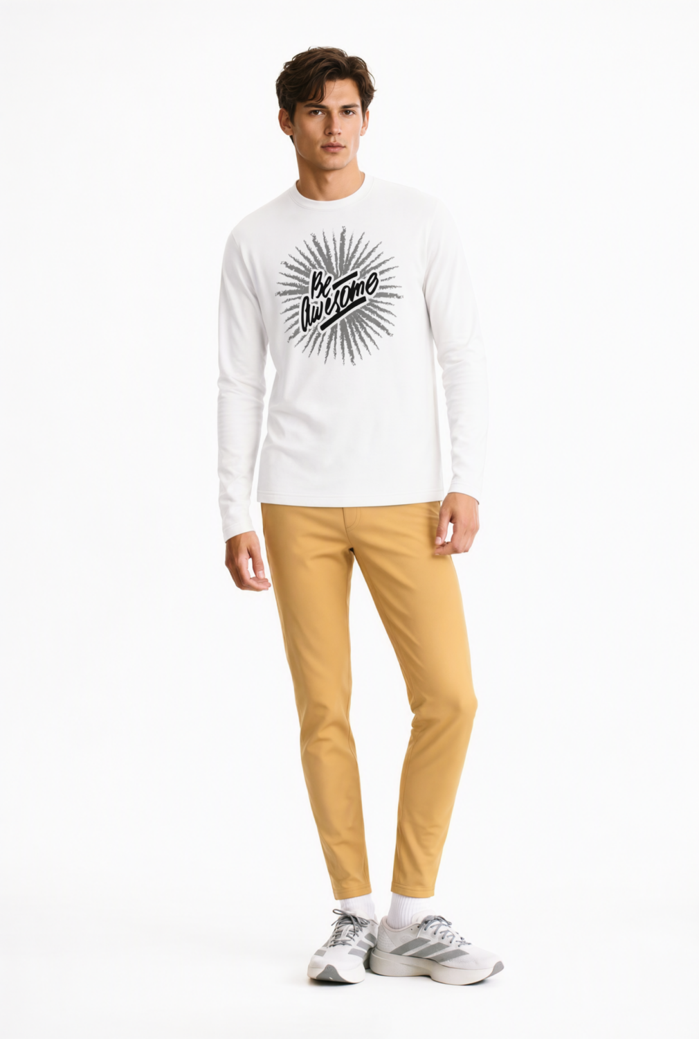 BC10869 front view — men's my time graphic long-sleeve tee in white