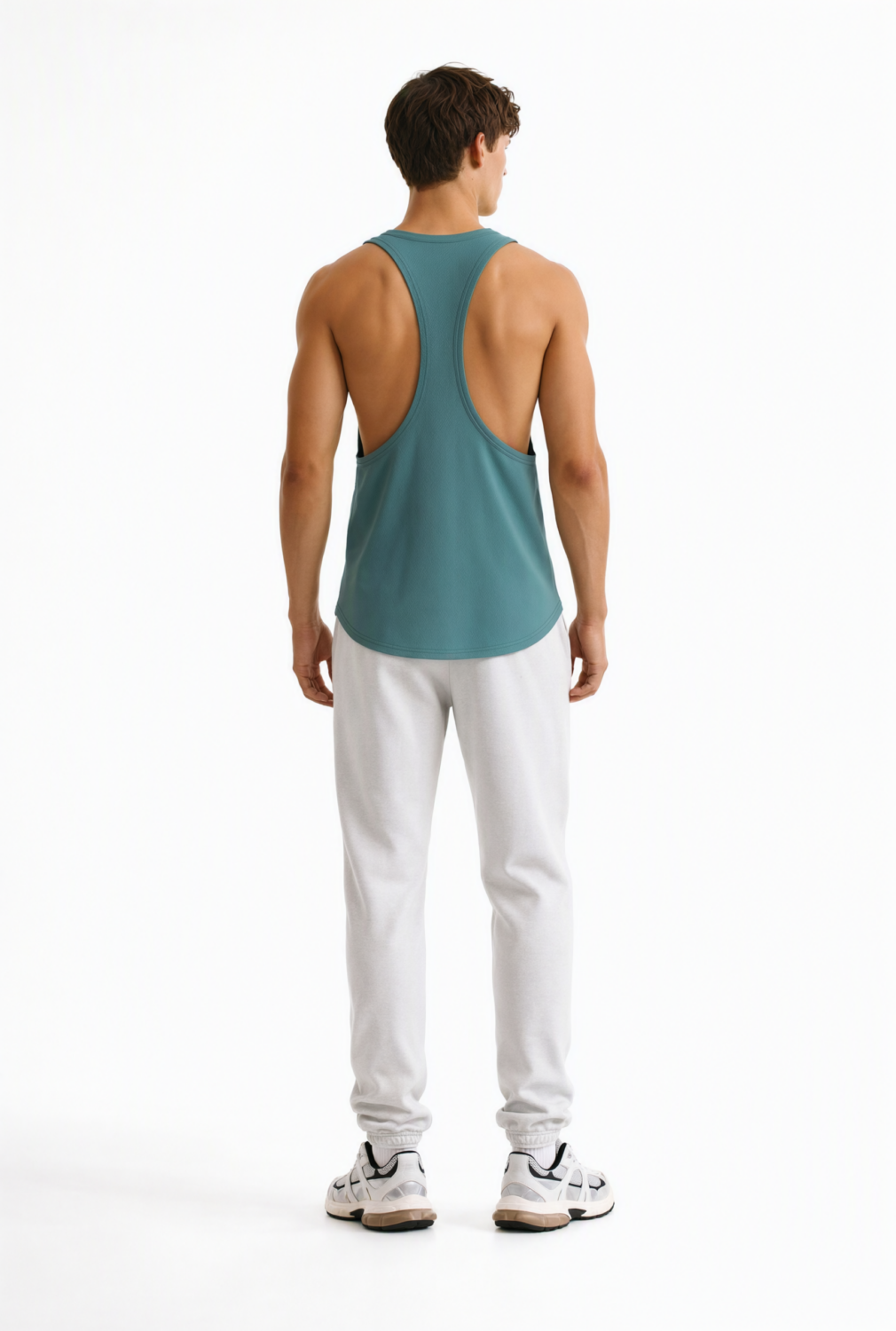 BC11647 back view — men's racerback tank top in deep teal