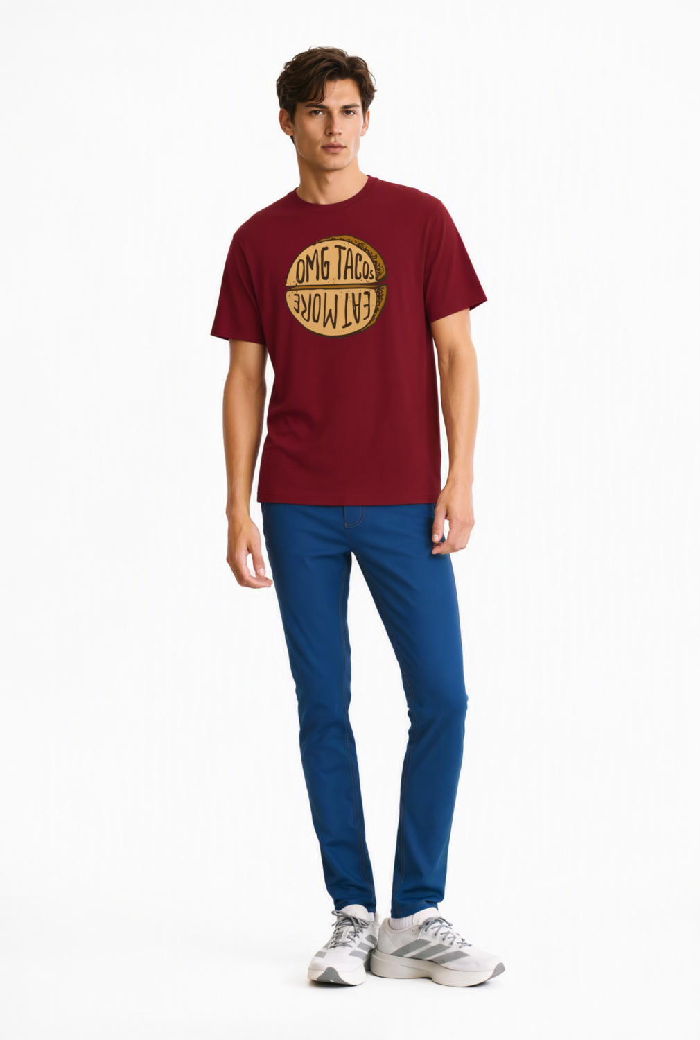 BC12624 front view — men's burgundy circular-graphic t-shirt in burgundy