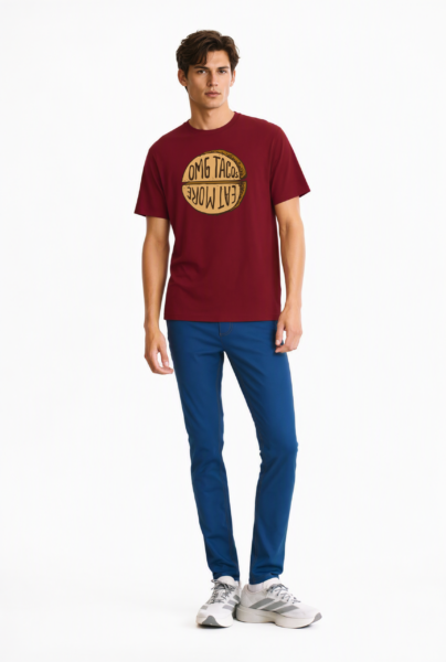 Bc12624 front view — men's burgundy circular-graphic t-shirt in burgundy