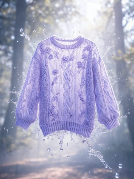 Cabled Sweater Amidst Crystal Water Splash Cabled sweater amidst crystal water splash — ai-generated fashion concept