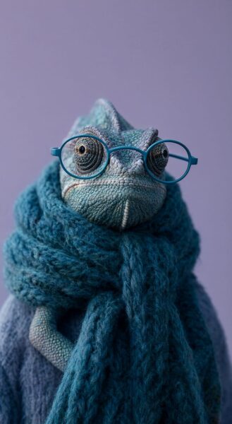 Chameleon In Teal Scarf And Glasses Chameleon in teal scarf and glasses — ai-generated fashion concept