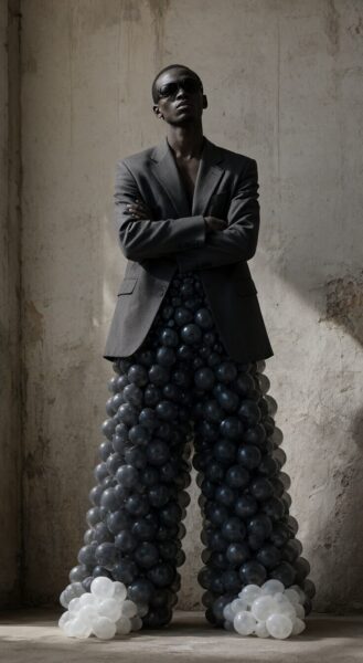Silhouetted In Cloud-Like Texture A man wearing a gray blazer over balloon pants stands confidently against a textured wall, with white balloons at his feet.