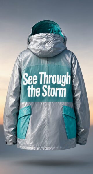 Reflective Jacket With Teal Accents Reflective silver jacket with teal accents and "see through the storm" slogan on back, shown against a gradient sky background.