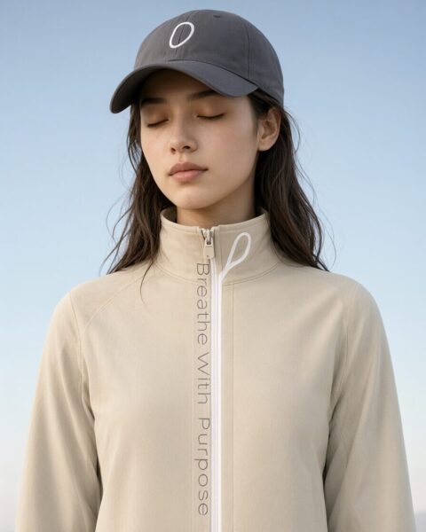Serene Runner In Monochrome Gear A serene woman wearing a beige zip-up jacket with 'breathe with purpose' text down the zipper, paired with a gray cap, against a clear blue sky.