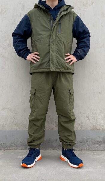 Urban Explorer In Olive And Crimson Person wearing olive green cargo pants and matching vest over navy hoodie, standing against concrete wall.