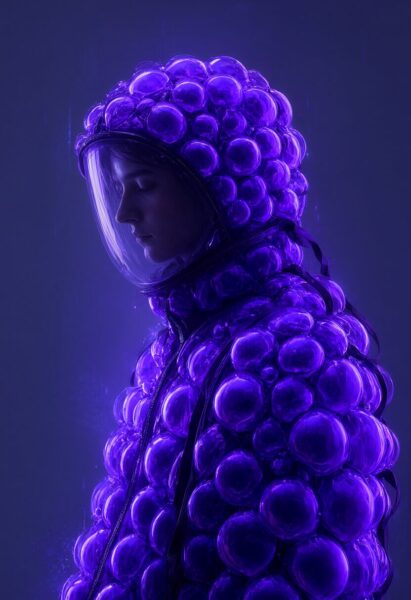 Future-Ready Bubble Jacket Portrait A person in a futuristic purple bubble jacket with translucent helmet, set against a dark blue background.