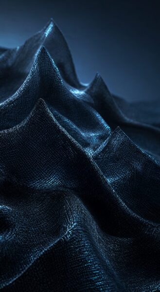 Elegant Black Mesh Draped Silhouette Elegant black mesh fabric draped in flowing waves under cool blue lighting, creating a textured, mountain-like silhouette.