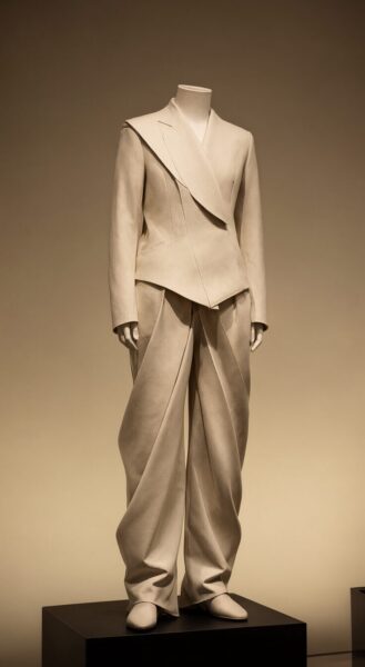 Minimalist White Couture Ensemble A minimalist white suit displayed on a mannequin, featuring an asymmetrical blazer and wide-leg trousers, set against a neutral background.