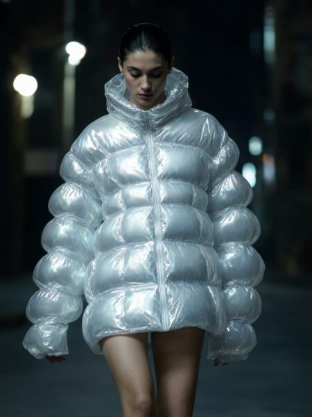 Futuristic Transparent Puffer Jacket A woman walks in a futuristic transparent puffer jacket under city lights at night.