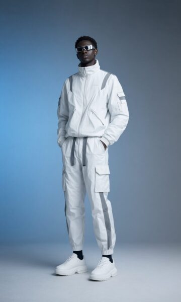 Futuristic White Urban Ensemble A model wears a full white futuristic outfit with gray accents, standing in a studio with blue-gray gradient backdrop.