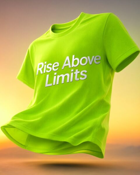 Floating Neon Green Sports Tee A vibrant neon green sports tee floats against a sunset sky, displaying the slogan 'rise above limits' in metallic silver letters.
