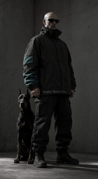 Urban Sentinel With Canine Companion A bald man in black tactical gear stands beside a doberman pinscher in a dim concrete room; slogan reads 'shadow moves silent'.