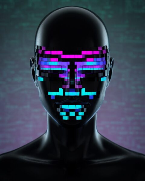 Neon Gradient Cybernetic Portrait Neon gradient cybernetic portrait with glowing purple and blue pixels forming eyes and mouth on a black face.