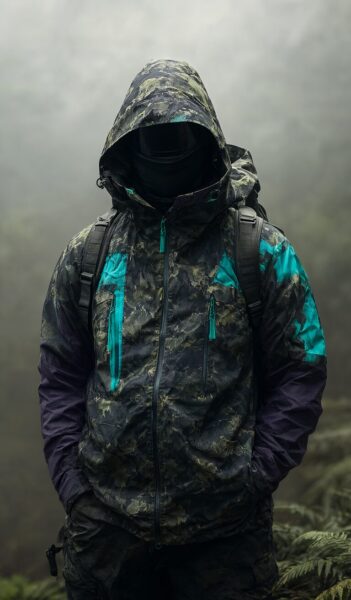 Urban Explorer In Camo Gear A person wearing camouflage jacket with teal accents stands in misty forest wearing backpack and hood.
