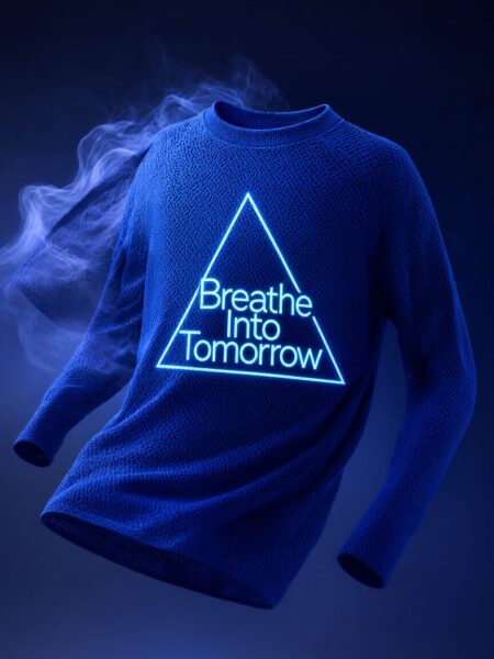 Floating Mesh Top With Ethereal Smoke A floating blue mesh long-sleeve top with glowing neon text reading 'breathe into tomorrow' inside a triangle, surrounded by ethereal smoke against a dark background.