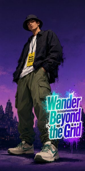 Urban Explorer In Sunset Hues Young man in bucket hat, jacket, cargo pants, and sneakers stands confidently against purple-hued city skyline at dusk.