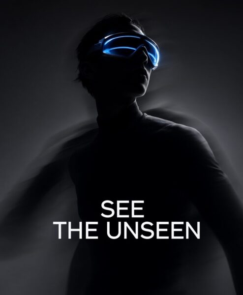 Silhouette In Futuristic Orange Goggles Silhouetted person wearing glowing blue futuristic goggles against a dark background. Text reads 'see the unseen'.