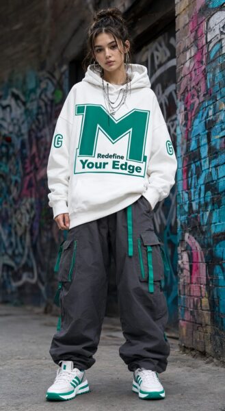 Urban Streetwear Aesthetic A model wears a white hoodie with green 'm' logo and 'redefine your edge' slogan, paired with grey cargo pants and matching sneakers, standing in a graffiti-covered alleyway.
