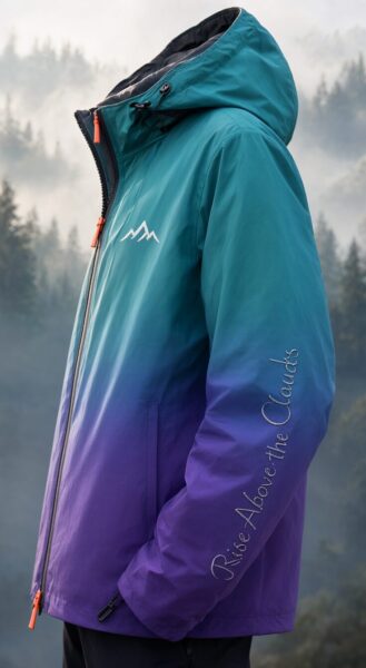 Sunset Gradient Waterproof Jacket A teal-to-purple gradient waterproof jacket with 'rise above the clouds' embroidered on the sleeve, worn against a misty forest backdrop.