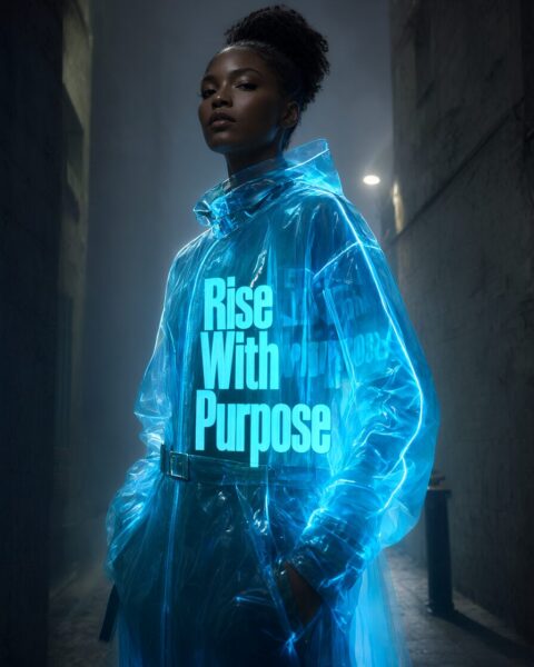 Neon Glow Raincoat Silhouette A woman stands in a dim alley wearing a glowing blue transparent raincoat with the slogan 'rise with purpose'.