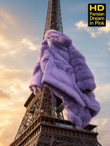Pink Fur Coat Envelopes Eiffel Tower A voluminous lavender fur coat drapes over the eiffel tower against a golden sunset sky.