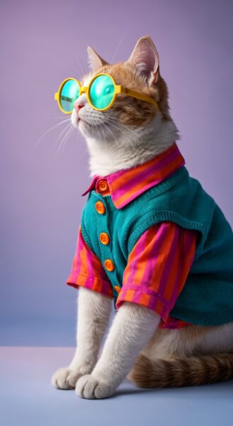 Sleek Feline In Retro Suit A ginger and white cat wearing yellow sunglasses and a colorful striped shirt under a teal vest against a purple background.
