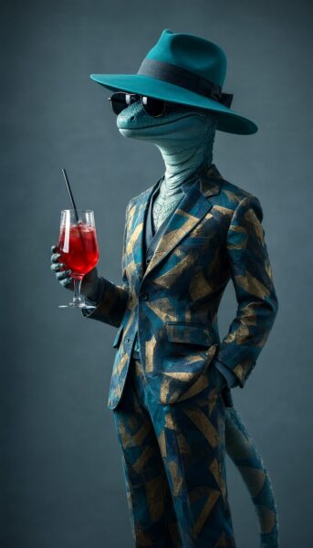 Chic Lizard In Turquoise Floral Suit Chic turquoise-scaled lizard wearing geometric-patterned suit and hat, sipping red cocktail against gray background.