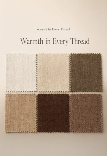 Earthy Textured Fabric Swatches Six earth-toned textured fabric swatches arranged in two rows against a beige background with the slogan 'warmth in every thread'.