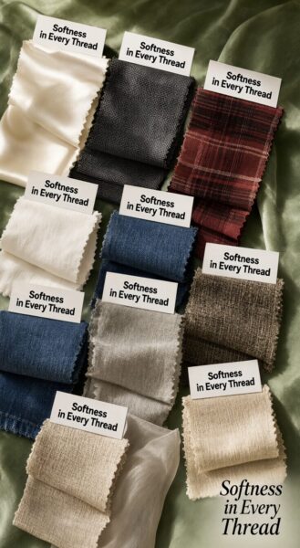 Textured Fabric Swatches Display Various textured fabric swatches in neutral tones arranged on green silk, labeled 'softness in every thread'.