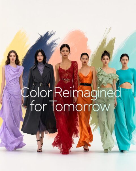 Vibrant Spring Summer 24 Runway Palette Six diverse models walk confidently in vibrant spring-summer outfits including purple, black, red, orange, sage green, and turquoise against abstract brushstroke backgrounds.