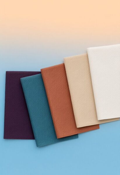 Five Textured Fabric Swatches Five textured fabric swatches in purple, teal, terracotta, beige, and white arranged diagonally on a blue-to-orange gradient background.