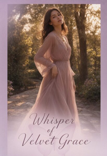 Soft Lavender Dream Silhouette A woman in a flowing lavender gown stands on a garden path at golden hour, surrounded by trees and soft light.