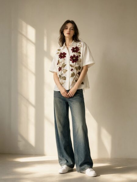 Sunlit Floral Embroidery Ensemble A woman stands in soft sunlight wearing a white floral embroidery shirt, wide-leg denim jeans, and white sneakers against a plain wall.